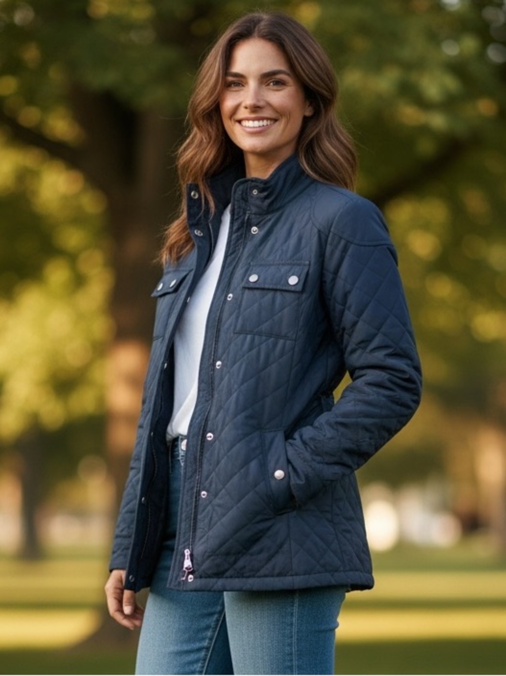 Esprit Navy Quilted Belted Puffer Jacket Sz small